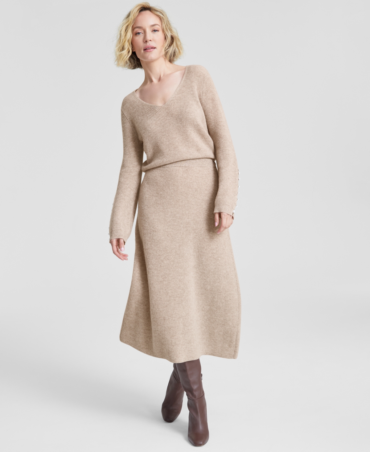 Charter Club Women's Cashmere A-line Shaker Midi Skirt, Created For Macy's In Pearl Taupe Heather