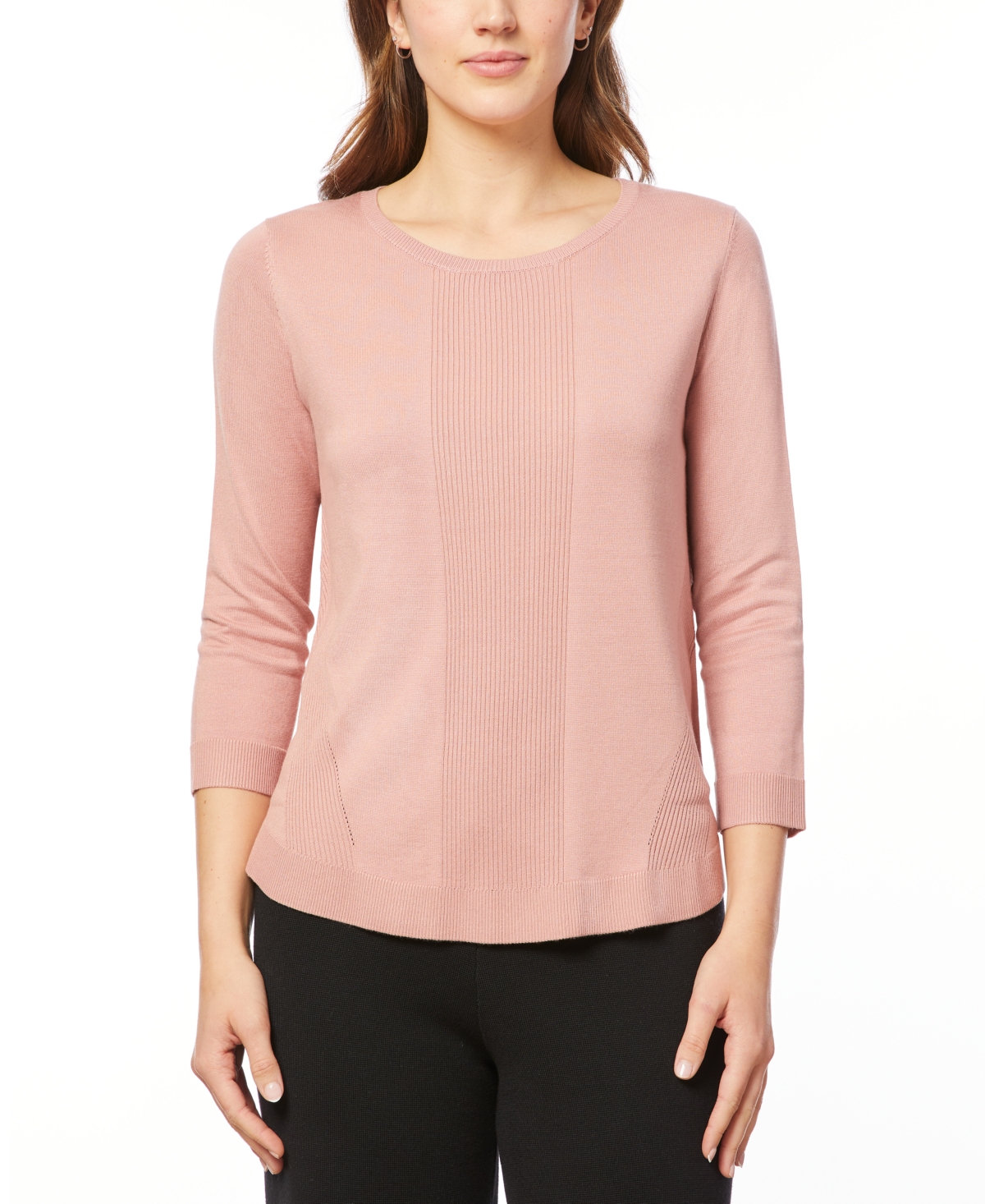 Melissa Paige Women's Petite Boat-Neck, Ribbed-Detail 3/4-Sleeve Sweater