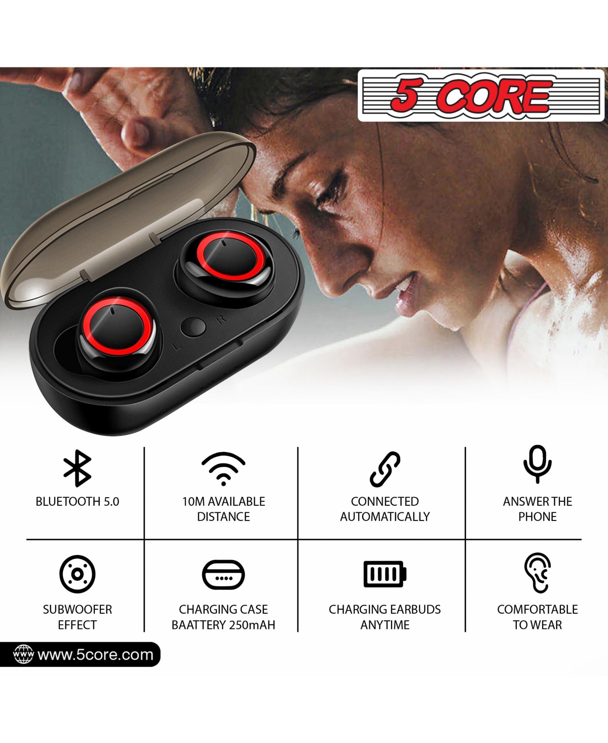 5 Core Wireless Ear Buds • Mini Bluetooth Noise Cancelling Earbud Headphones 32 Hours Playtime IPX8