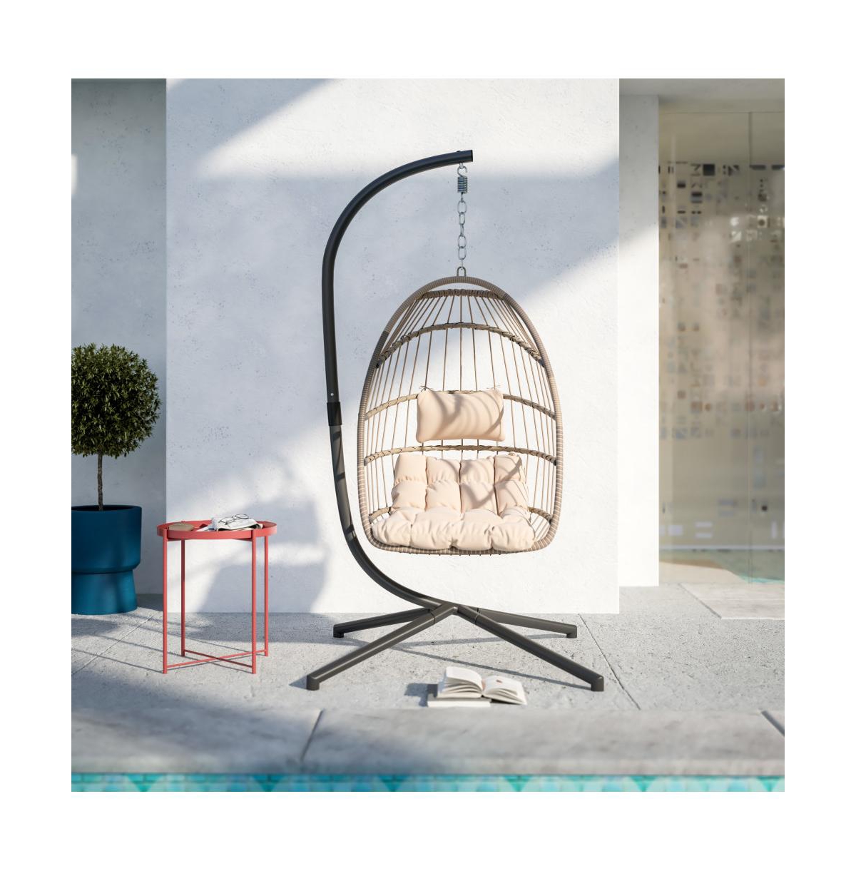 Merrick Lane Riley Foldable Woven Hanging Egg Chair With Removable Cushion And Stand For Indoor And Outdoor Use