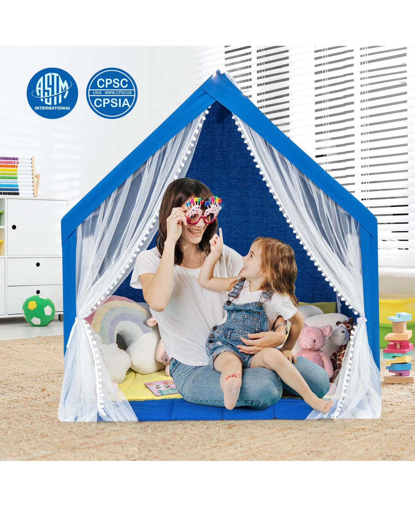 Детская игрушка Costway Large Star Light Play Tent with Washable Cotton Mat, Ages 2+, цвет: Синий — фото 4