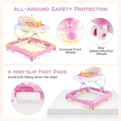 Foldable Baby Walker with 3 Adjustable Heights Comfy Padded Seat Music Tray