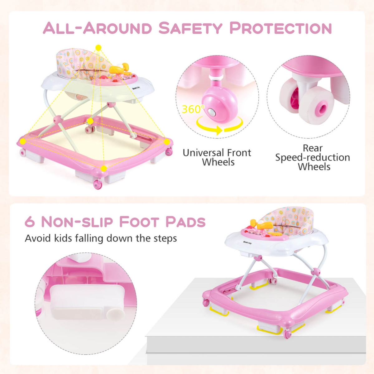 Costway Foldable Baby Walker with 3 Adjustable Heights Comfy Padded Seat Music Tray
