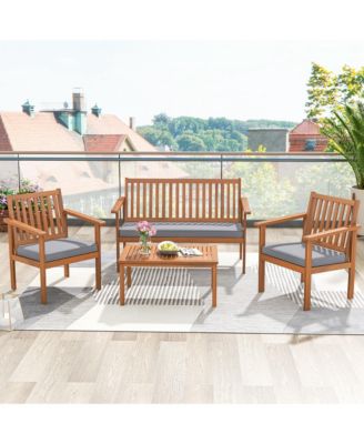 4 PCS Patio Wood Furniture Set with Loveseat, 2 Chairs & Coffee Table for Porch