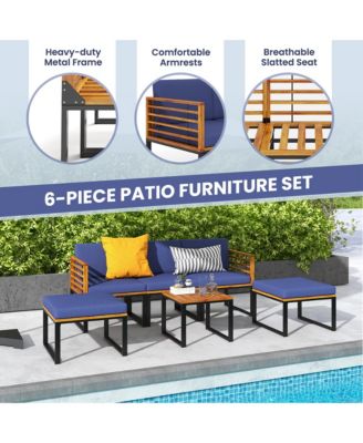 6pcs Patio Acacia Wood Conversation Sofa Seat Set Ottomans Table Outdoor