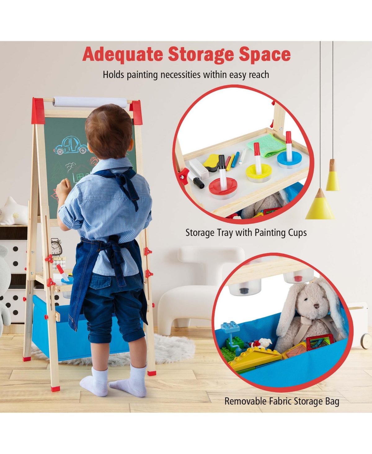 3-in-1 Kids Art Easel Double-Sided Wooden Adjustable Magnetic Drawing Board