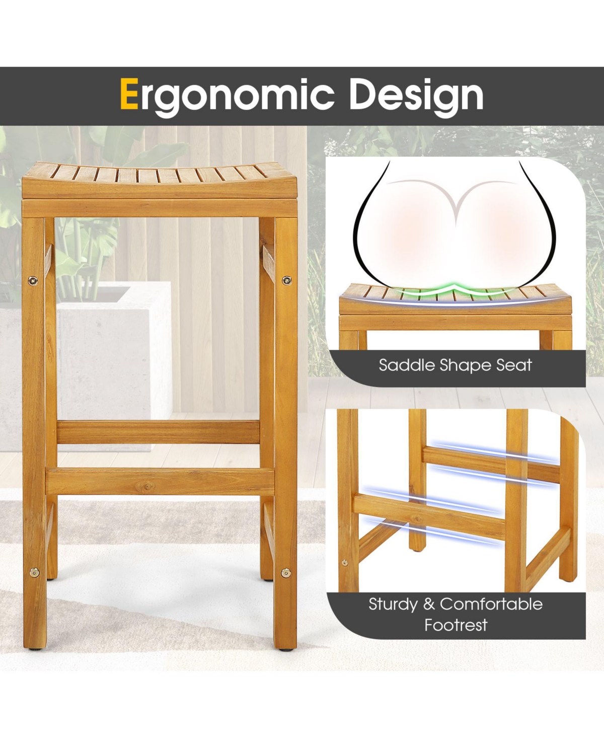 Costway 5 Pcs Acacia Wood Bar Table Set 45" Rectangular Dining Table & 4 Saddle Stools