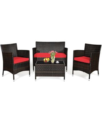 4PCS Patio Furniture Set Rattan Conversation Set W/ Tempered Glass Coffee Table