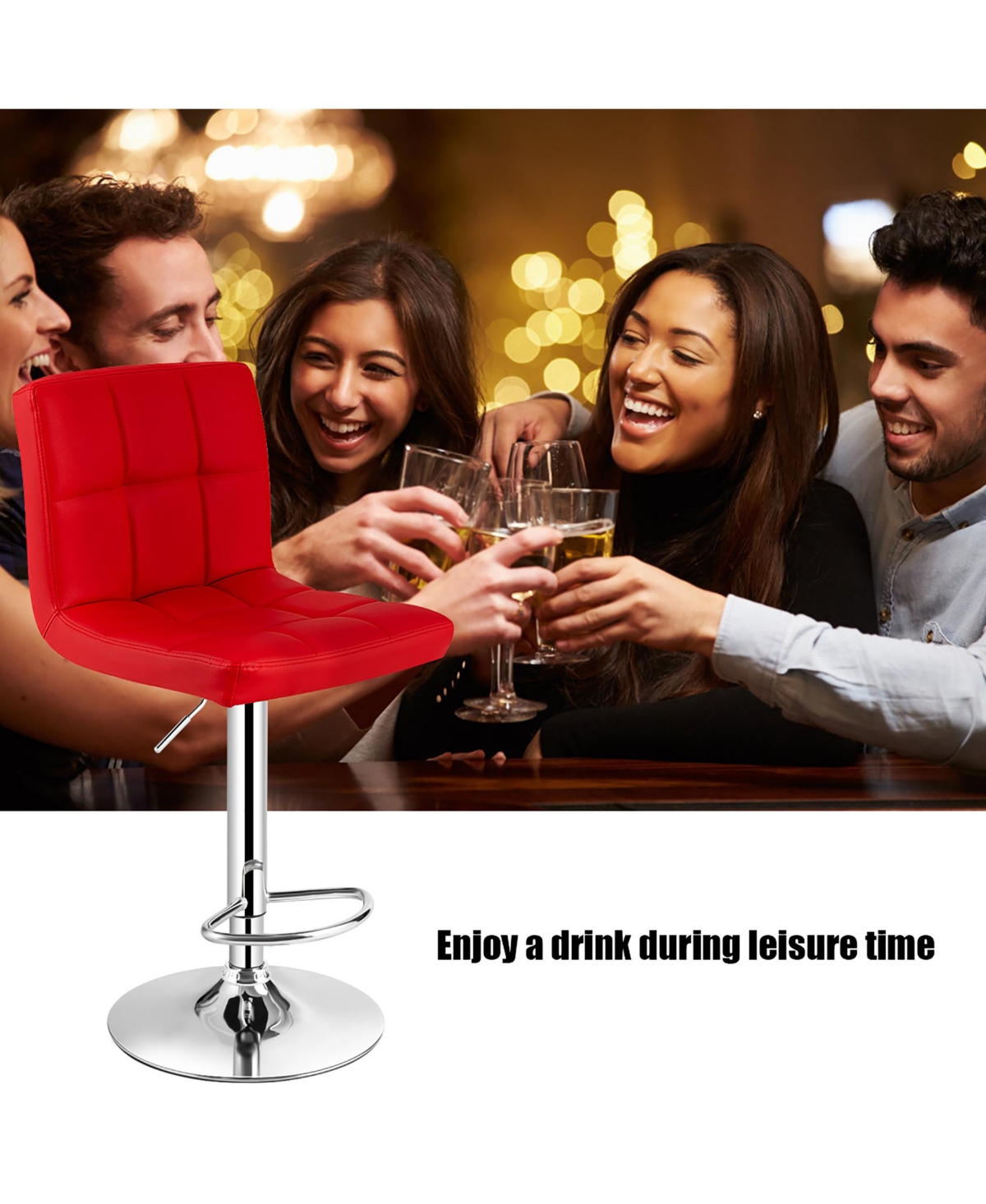 Costway Set of 2 Adjustable Bar Stools Pu Leather Swivel Kitchen Counter Pub Chair