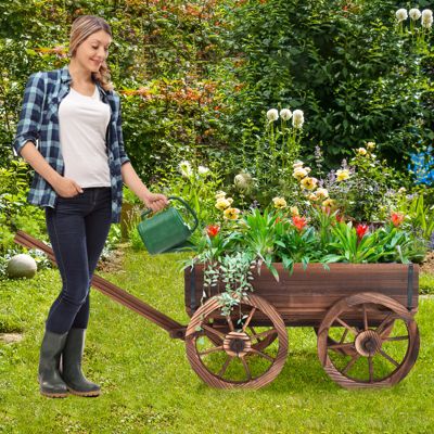 Wood Wagon Flower Planter Pot Stand With Wheels