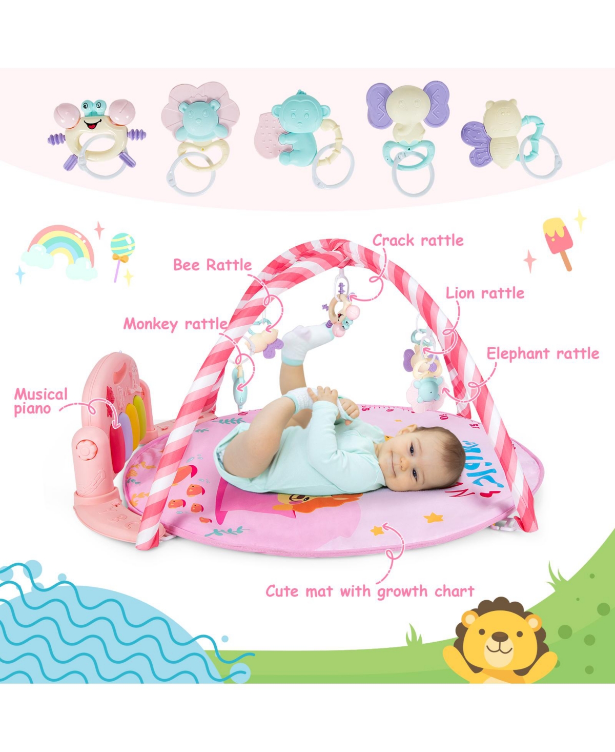 Costway Baby Gym Baby Play Mat Piano Gym w/ 5 Hanging Sensory Toys