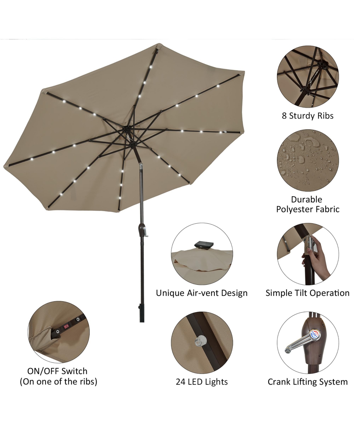 10' Solar Led Lighted Patio Market Umbrella Shade Tilt Adjustment