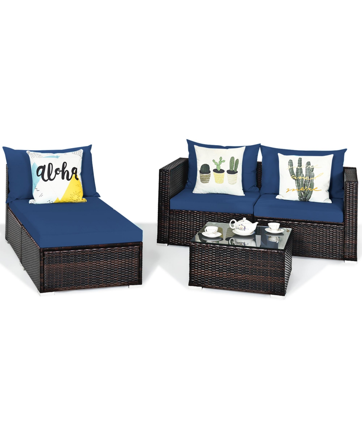 Gymax 5PCS Cushioned Rattan Patio Conversation Set w/ Ottoman Navy Cushion - Navy+brown