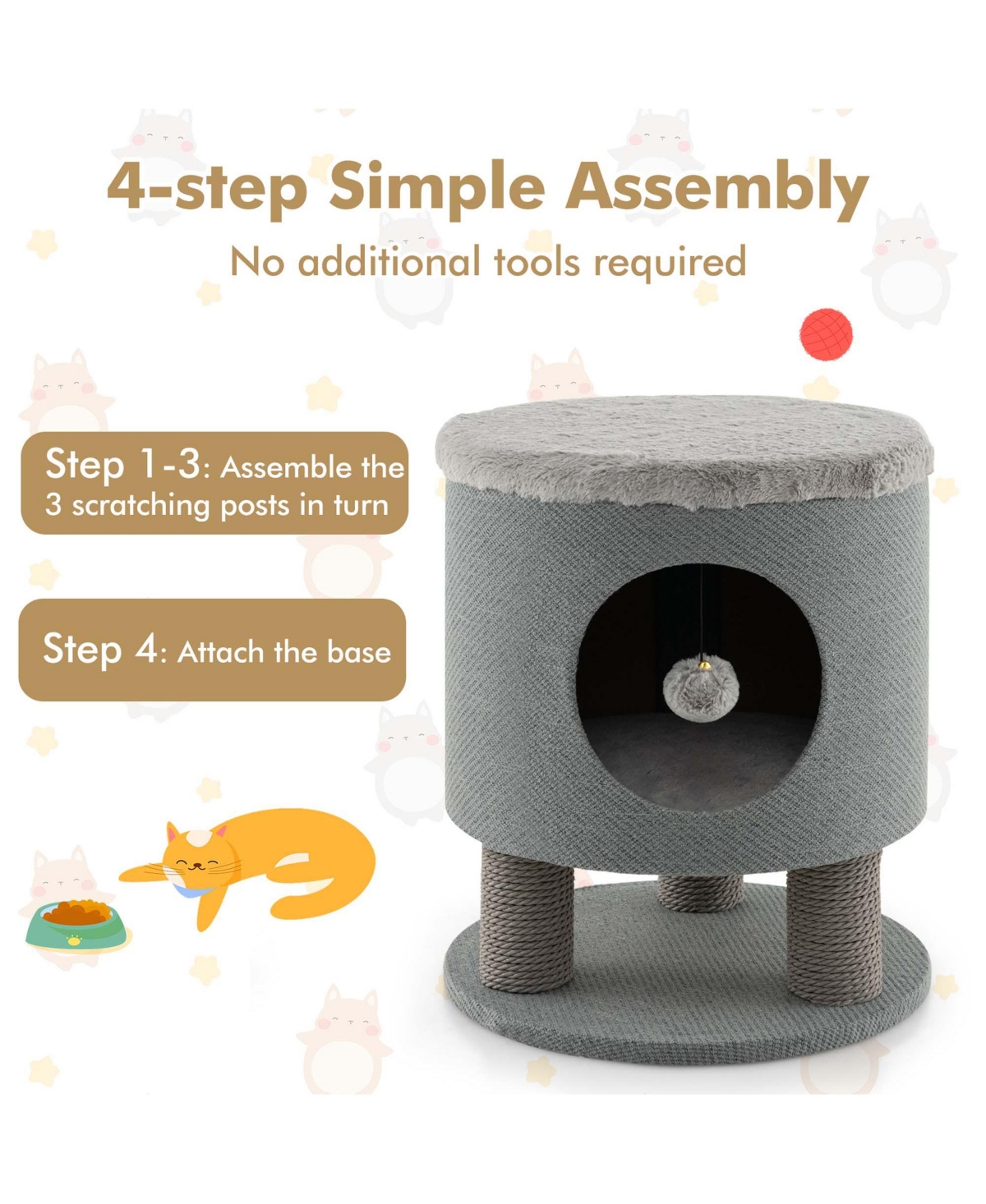 Costway 3-in-1 Cat Condo Stool Kitty Bed with Scratching Posts & Plush Ball Toy