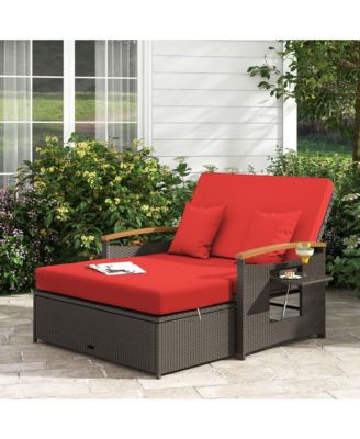 Patio Rattan Daybed Set with Cushioned Loveseat & Storage Ottoman for Porch