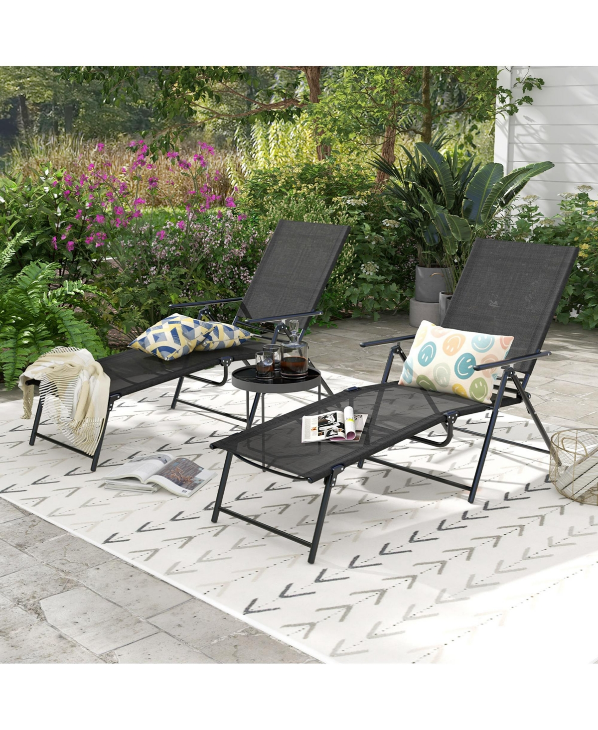 Costway 2 Piece Patio Folding Chaise Lounge Chairs with 6-Level Backrest Reclining