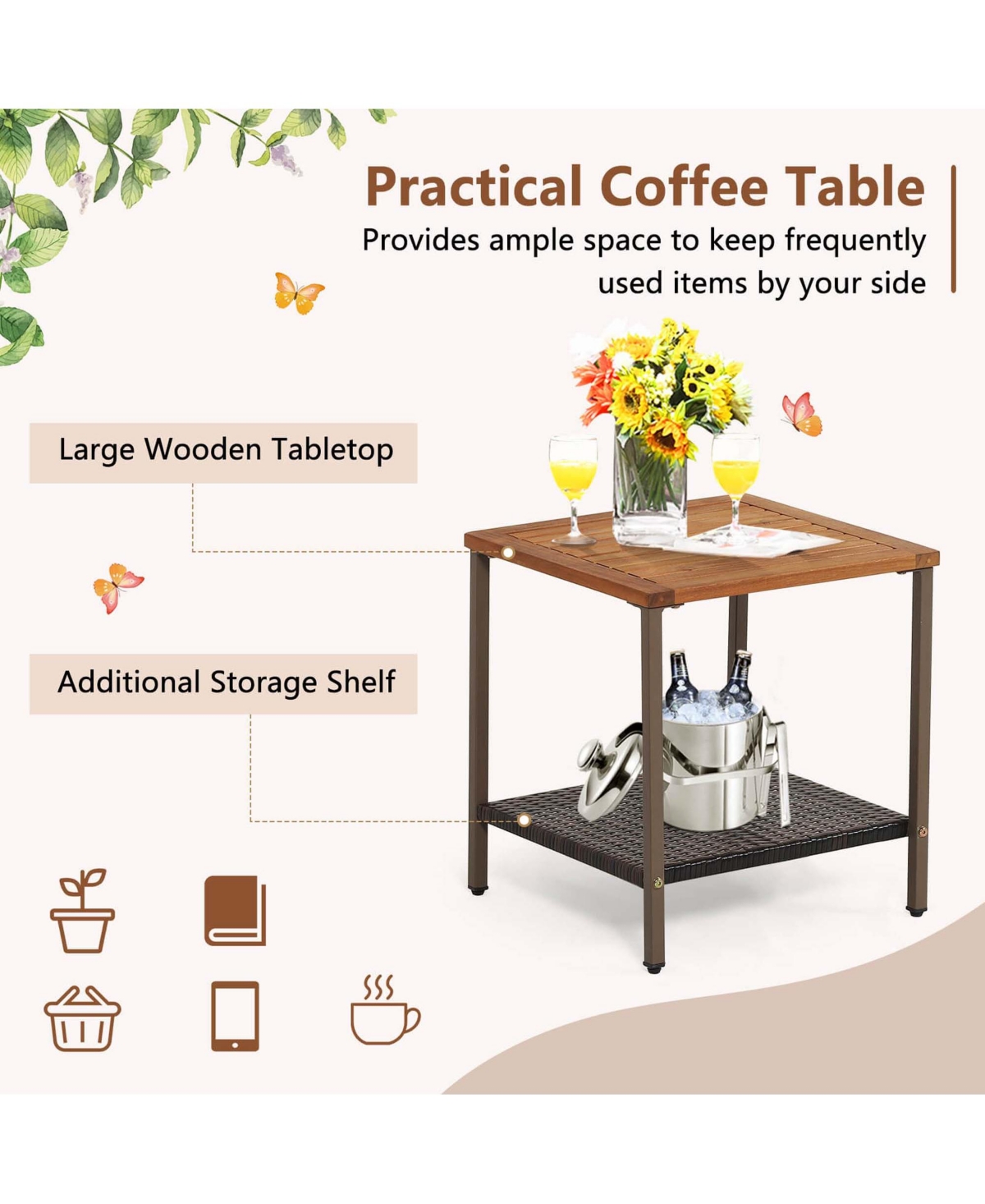 Costway 3 Pcs Patio Rattan Rocking Chair Bistro Set Armrest Cushion Table with Storage Shelf