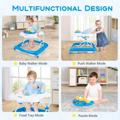 Foldable Baby Walker with 3 Adjustable Heights Comfy Padded Seat Music Tray