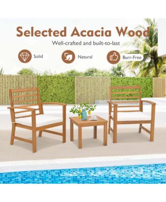 3 PCS Outdoor Furniture Set Acacia Wood Conversation Set with Soft Seat Cushions