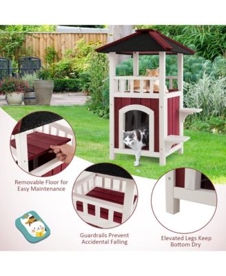 Outdoor Cat House 2-Story Wooden Cat Shelter with Asphalt Roof Removable Floor