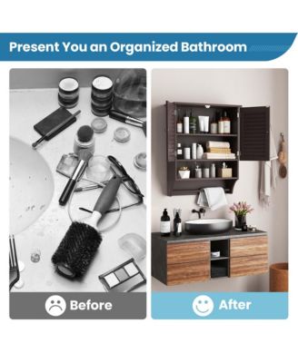 Bathroom Wall Mounted Medicine Cabinet with Louvered Doors and Towel Bar