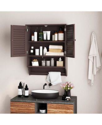 Bathroom Wall Mounted Medicine Cabinet with Louvered Doors and Towel Bar