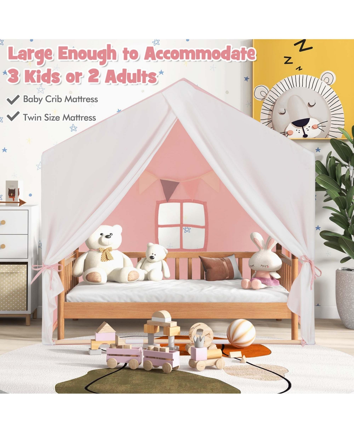 Kid's Play Tent Toddler Playhouse Castle Solid Wood Frame with Washable Mat