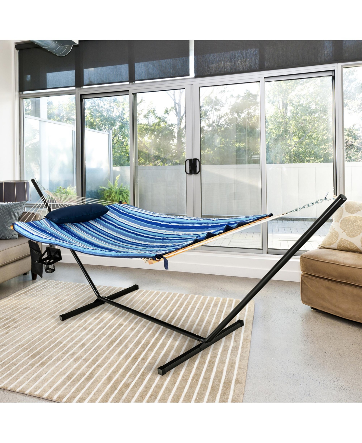 Gymax Swing Hammock Chair Set Hanging Bed w/ Heavy-Duty Steel Stand Cup Holder - Blue+black