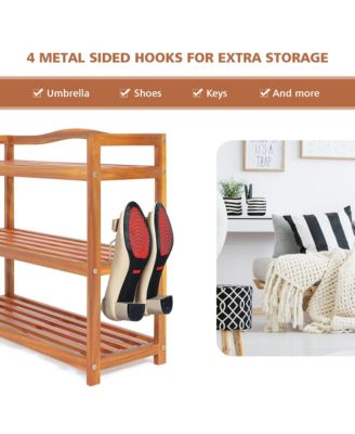 3-Tier Wood Shoe Rack Solid Acacia Wood Shoe Shelf with Side Metal Hooks