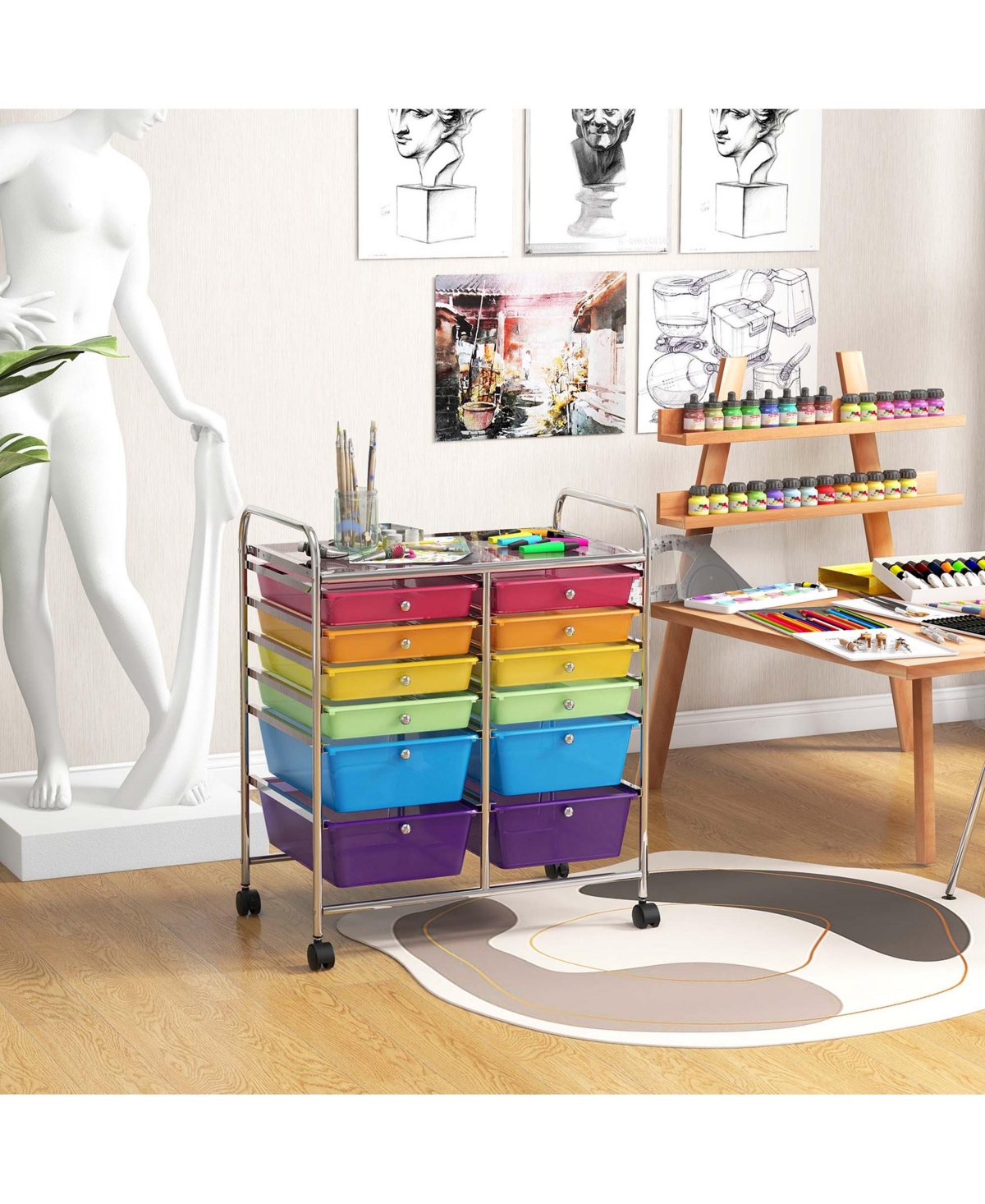 Costway 12-Drawer Rolling Storage Cart Organizer Cart with 2 Sizes Plastic Drawers - Assorted pre-pack
