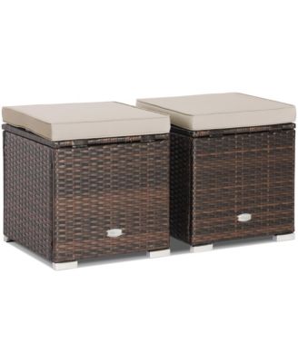 2PCS Patio Rattan Ottomans Seat Side Table Storage Box Footstool with Cushion