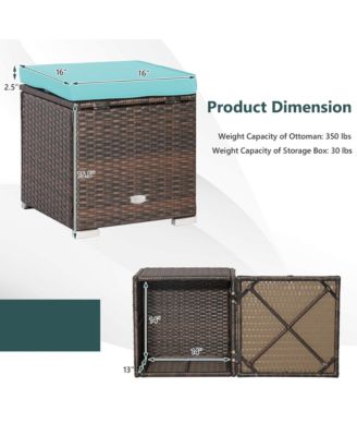 2PCS Patio Rattan Ottomans Seat Side Table Storage Box Footstool with Cushion