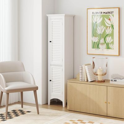 Tall Bathroom Floor Cabinet Narrow Linen Tower with 2 Doors & Adjustable Shelf
