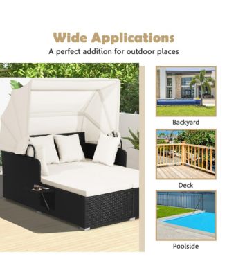Patio Rattan Daybed Lounge Retractable Top Canopy Side Tables Cushions