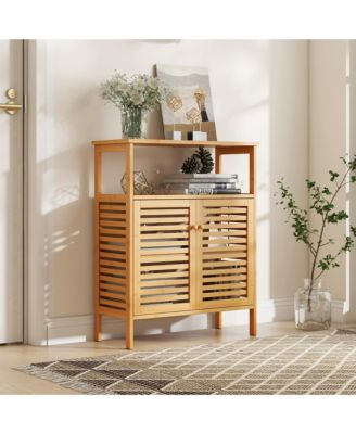 Bamboo Floor Cabinet Bathroom Storage Cabinet Storage Organizer w/ Shutter Doors