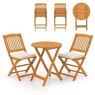 3PCS Patio Folding Wooden Bistro Set Cushioned Chair Conversation Garden