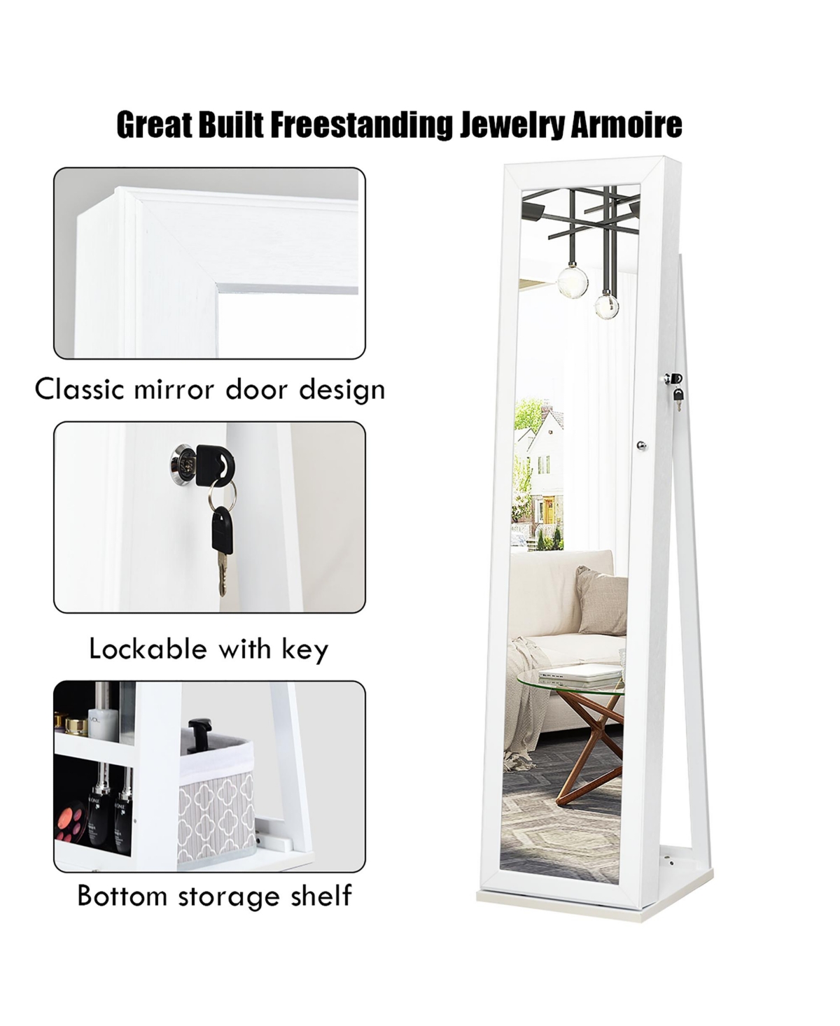 Mirrored Jewelry Cabinet Lockable Standing Storage Organizer W/ Shelf