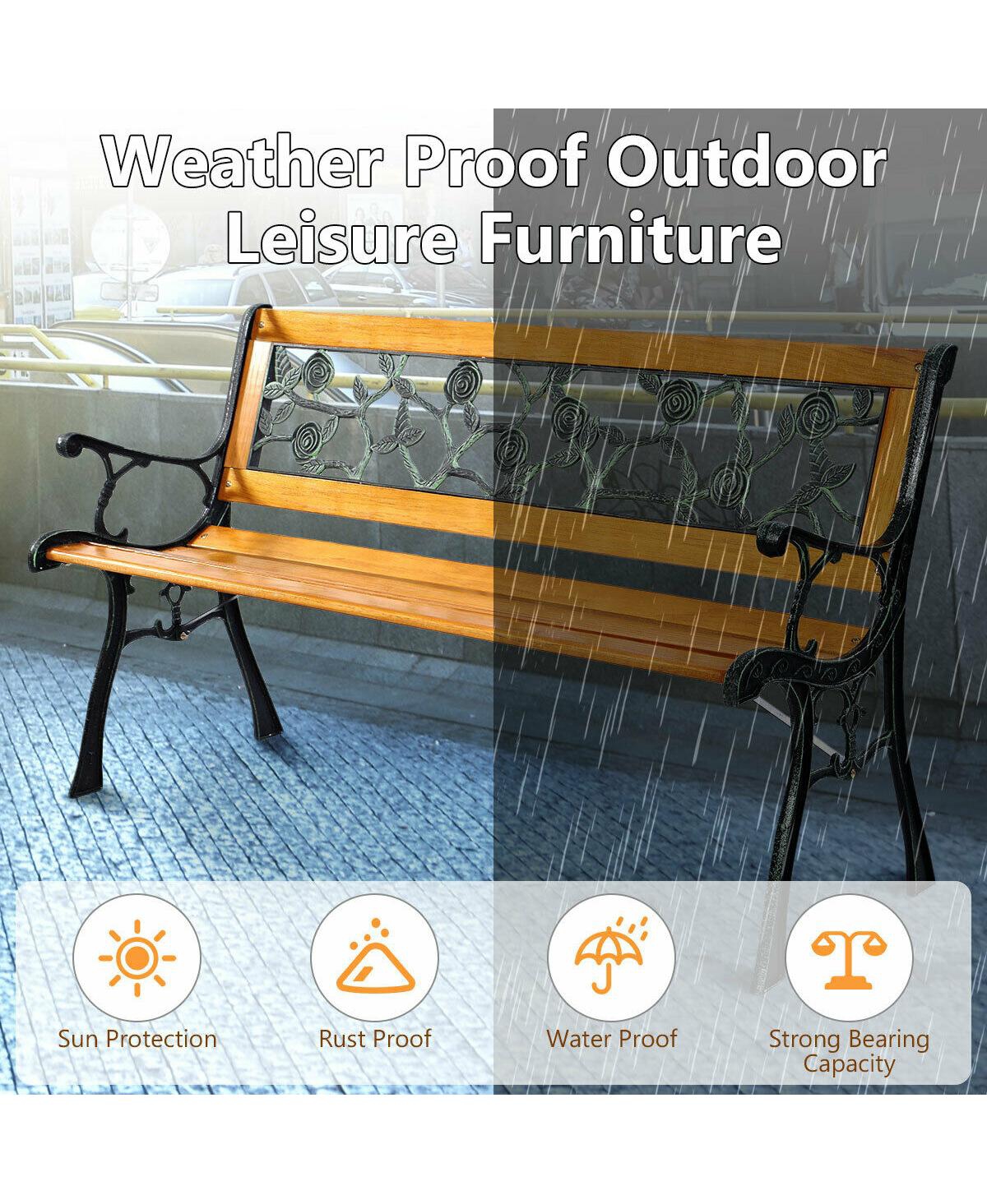 Costway Patio Park Garden Bench Porch Chair Outdoor Deck Cast Iron Hardwood Rose