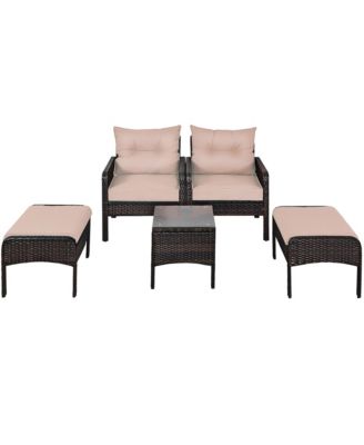 5 PCS Rattan Wicker Furniture Set Sofa Ottoman W/Brown Cushion Patio Garden Yard