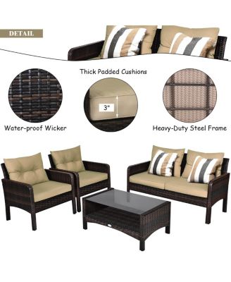 4PCS Patio Rattan Furniture Set Loveseat Sofa Coffee Table Garden