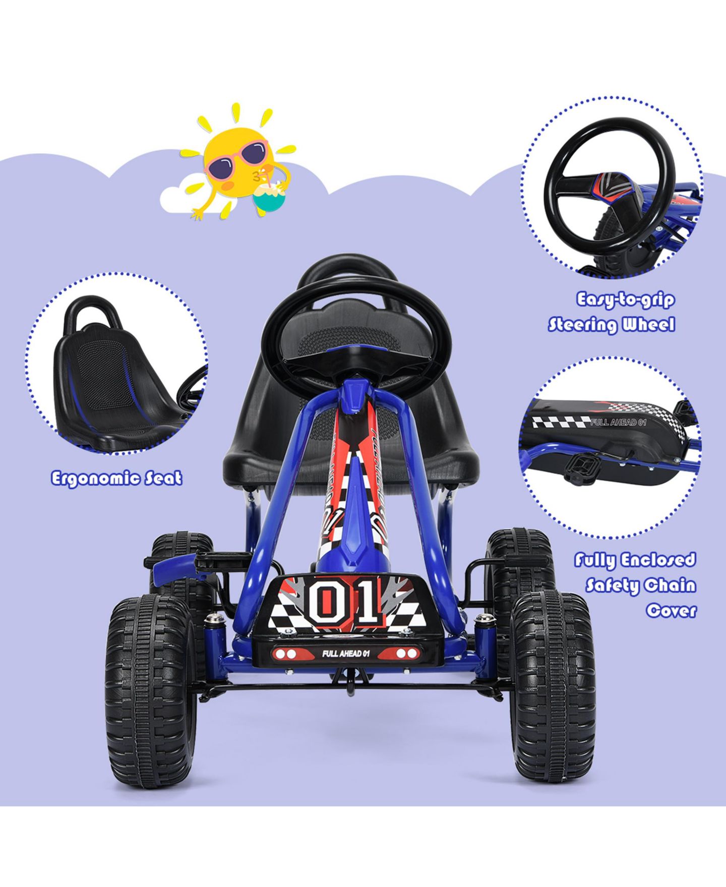 Детская игрушка Costway Pedal-Powered Go Kart with Adjustable Seat & Hand Brake, 66 lbs. Capacity, Ages 3-7, цвет: Синий — фото 6