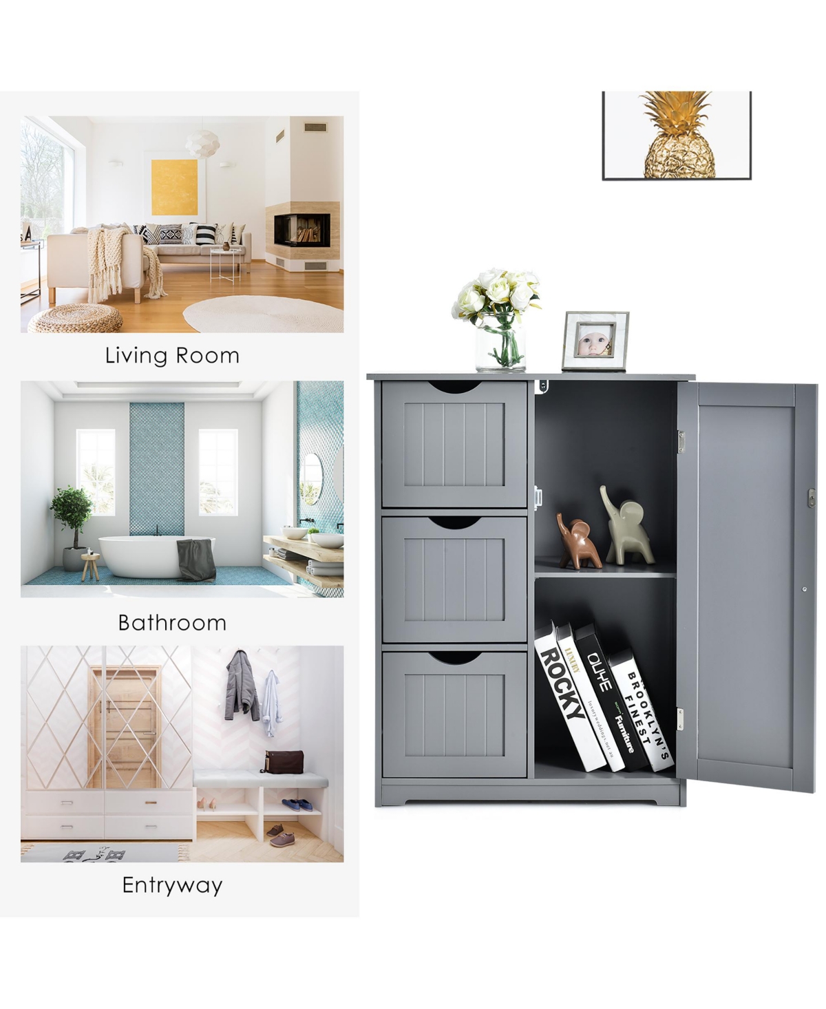 Costway Bathroom Floor Cabinet Side Storage Cabinet with 3 Drawers and 1 Cupboard