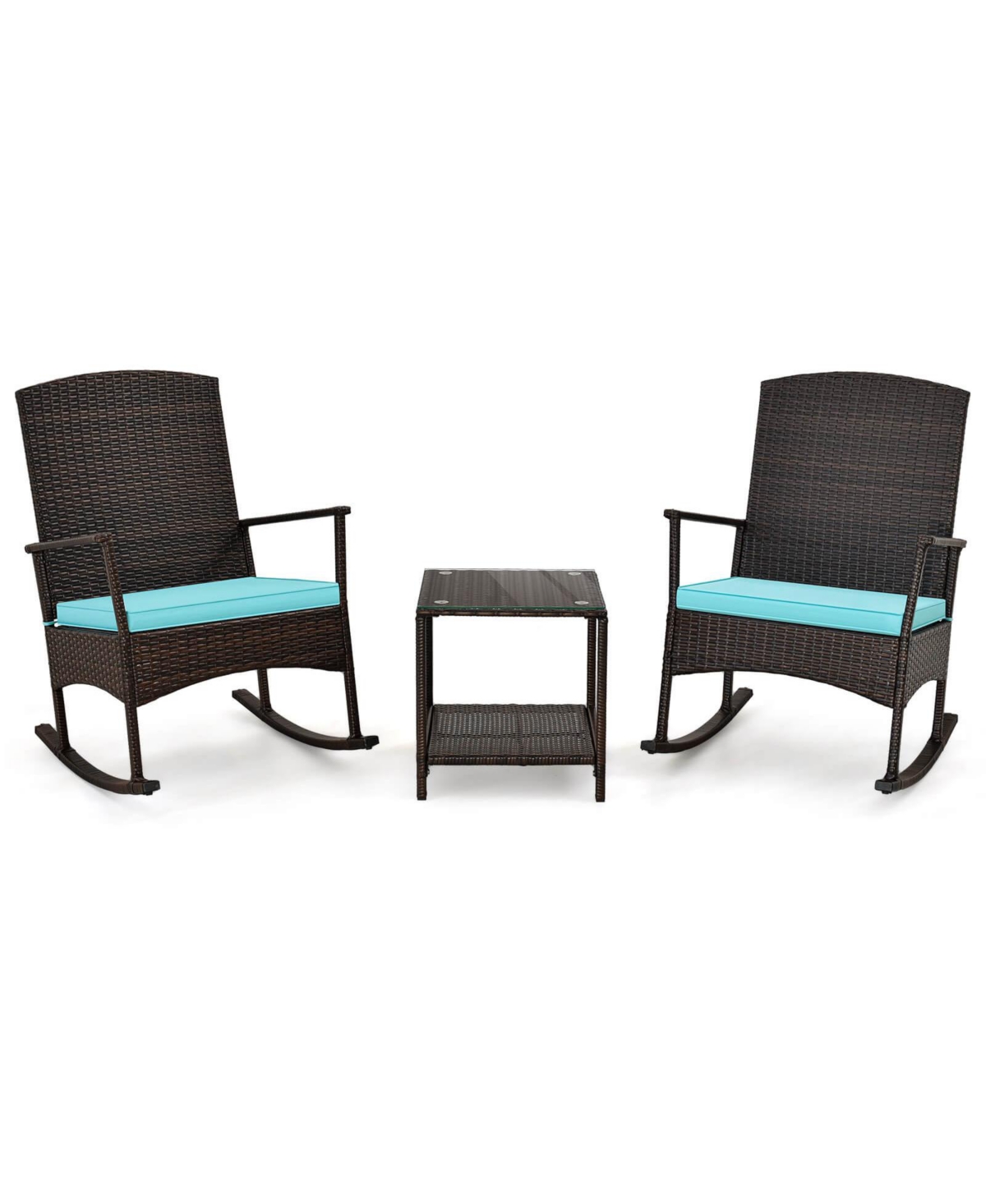 Costway 3 Piece Patio Rocking Set Wicker Rocking Chairs with 2-Tier Coffee Table