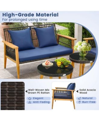 5PCS Outdoor Rattan Woven Conversation Set Stable Acacia Wood Frame for Backyard