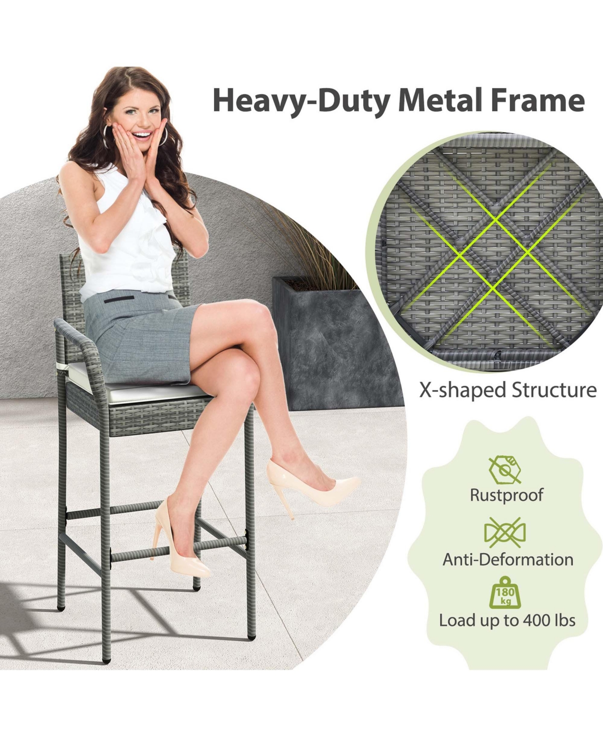 Costway 4PCS Patio Pe Wicker Bar Chairs Counter Height Barstools With Armrests &Cushions