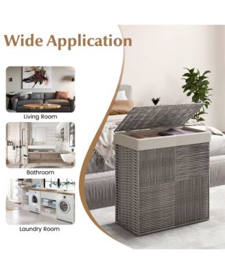 Hand-woven Rattan Laundry Hamper with Lid Removable Liner Bag 29-Gallon 2-Section