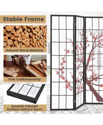 4-Panel Japanese Style Folding Room Divider with Elegant Plum Blossom Design Indoor