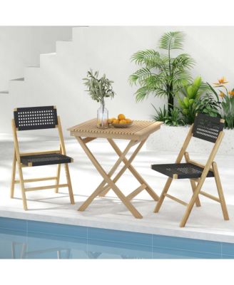 2 Piece Patio Folding Chairs with Woven Rope Seat & High Back Teak Wood for Porch