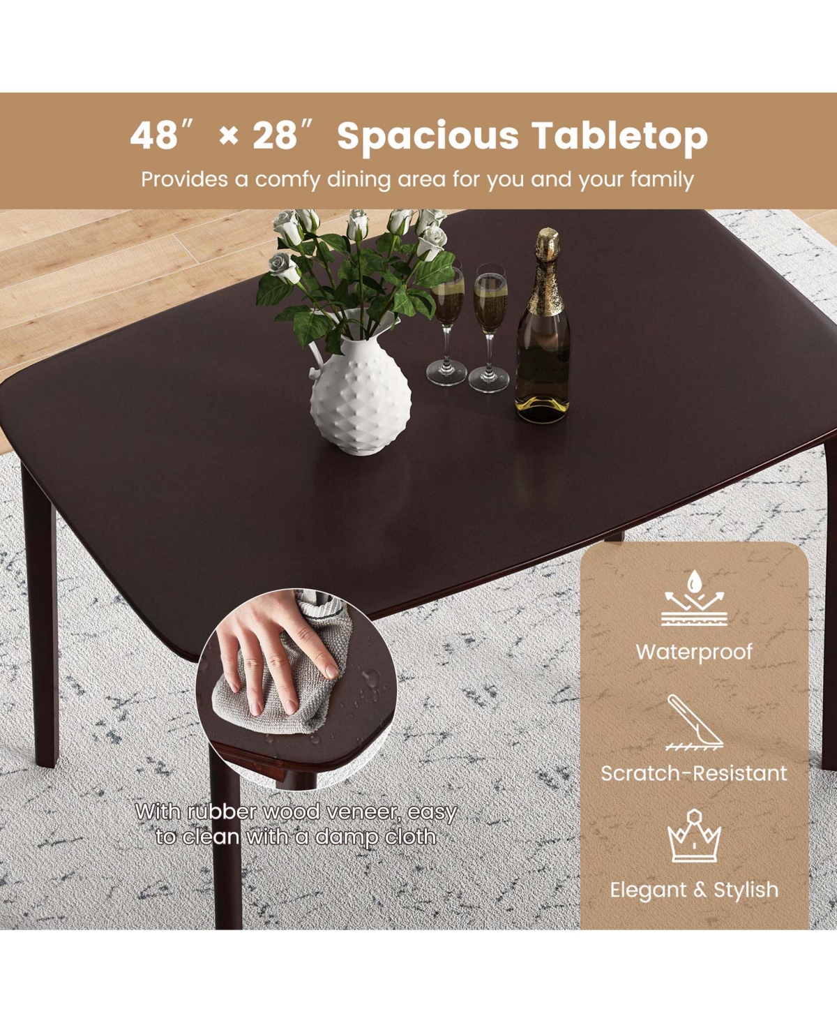 Costway Wooden Dining Table Rectangular Farmhouse Kitchen with Solid Rubber Wood