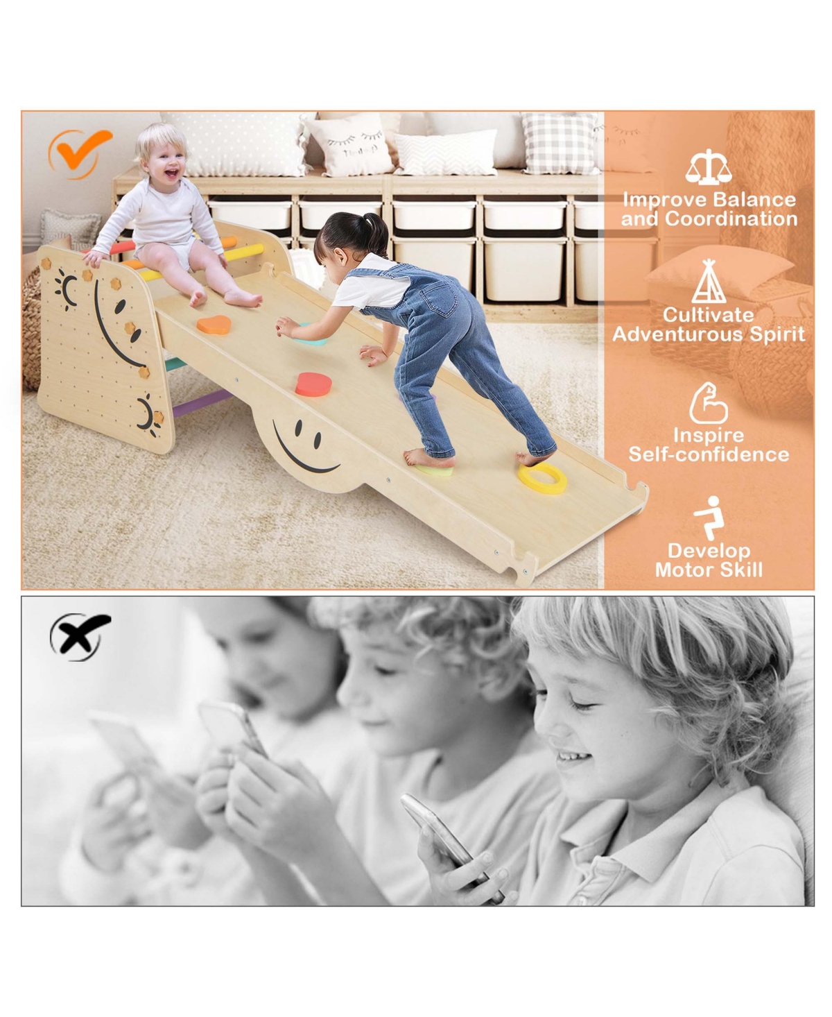Costway Wooden Climbing Toy Triangle Climber Set of 2 with Seesaw Dual-sided Ramp Indoor